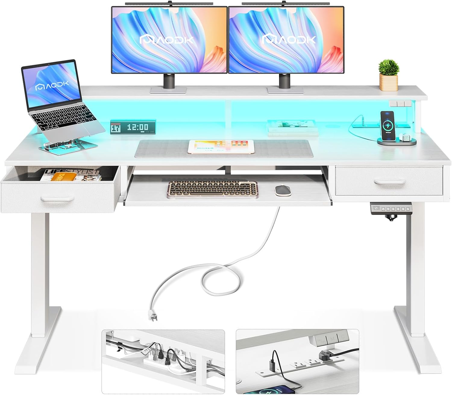 AODK Electric Standing Desk with Drawers & Keyboard Tray, 55 Inch Height Adjustable Gaming Desk with Power Outlets & LED Lights, Sit Stand Table with Monitor Stand for Home, Office, White