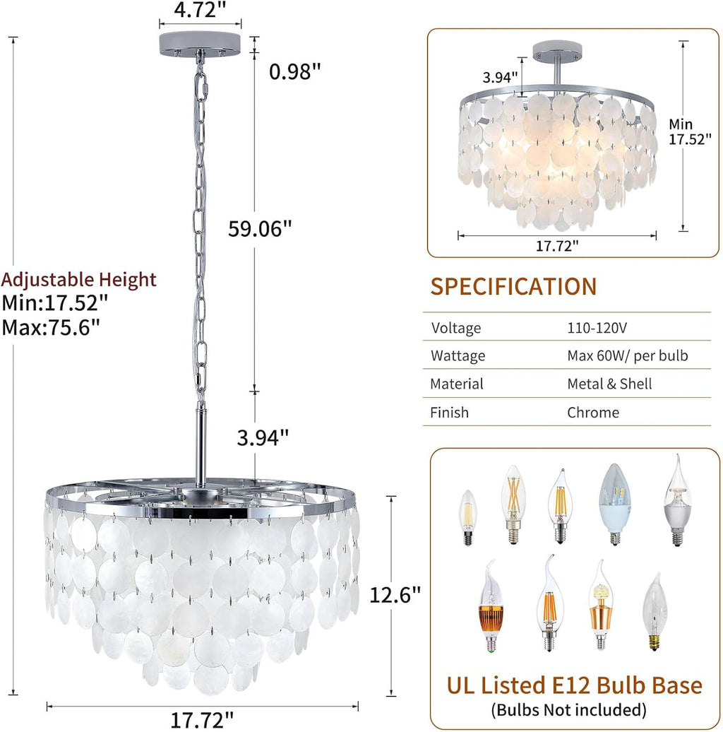 17.72' Capiz Shell Chandelier, 5 Light Chrome Dining Room Light Fixture, Modern Natural Coastal Seashell Chandeliers for Living Room Bedroom Foyer Bathroom (White Seashell Lighting Fixtures)