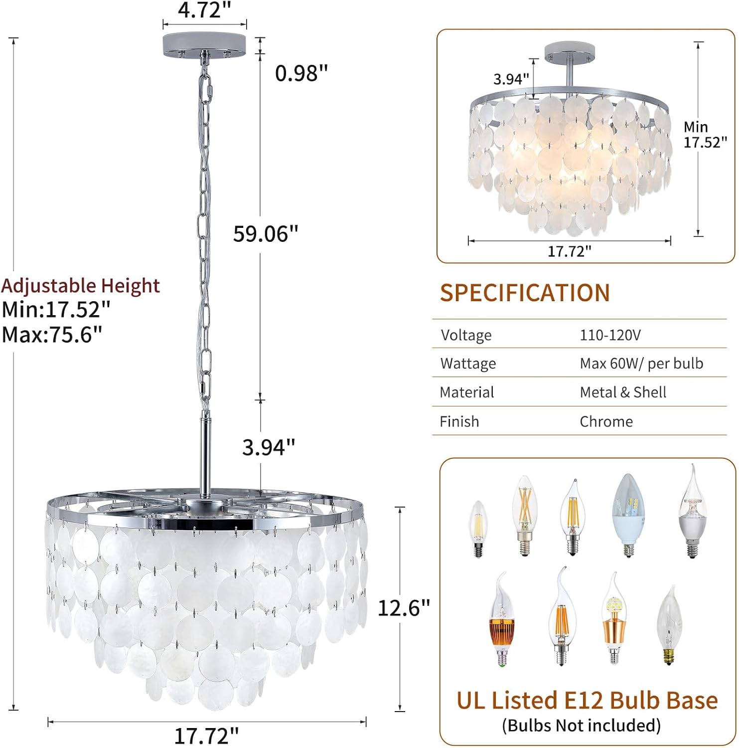 17.72' Capiz Shell Chandelier, 5 Light Chrome Dining Room Light Fixture, Modern Natural Coastal Seashell Chandeliers for Living Room Bedroom Foyer Bathroom (White Seashell Lighting Fixtures)