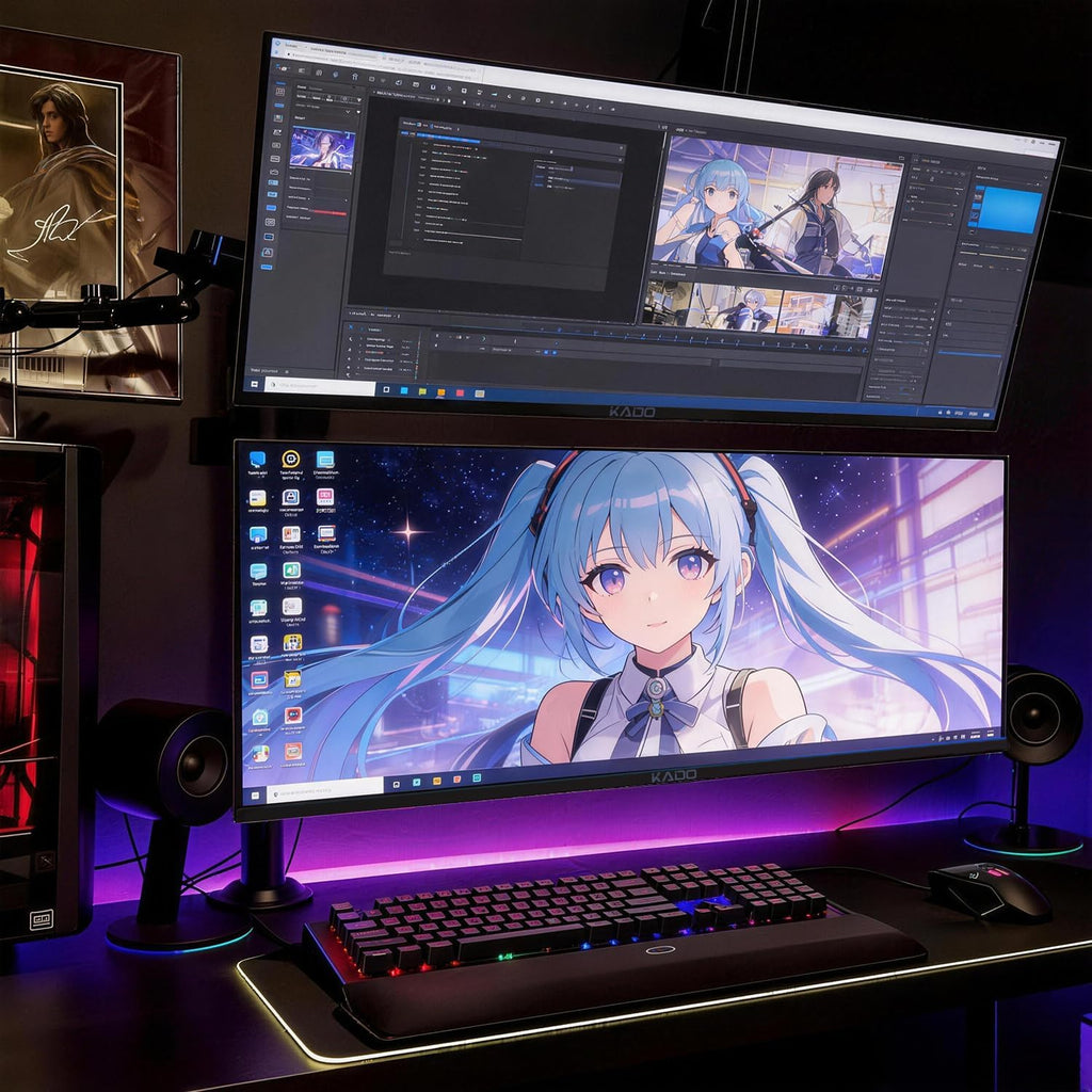 Kado Dual Gaming Monitor Setup - 2-Pack 34' 100Hz Ultrawide 21:9 3440x1440 WQHD Computer Monitor 103% sRGB, Stacked Gaming AMD FreeSync Premium, VESA Mount HDMI DisplayPort Built-in Speakers