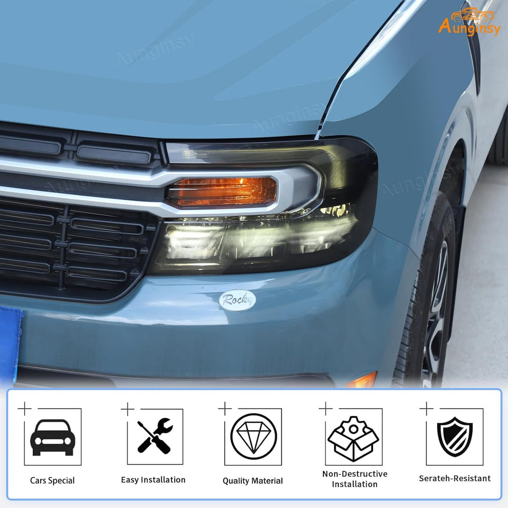 Aunginsy Car Front Headlight Trim Cover Kit Compatible with Ford Maverick 2022-2024 with Front Turn Signal Light Len Shell Shade Smoked Black Headlight Frame Bezels Protector ABS Exterior Accessories