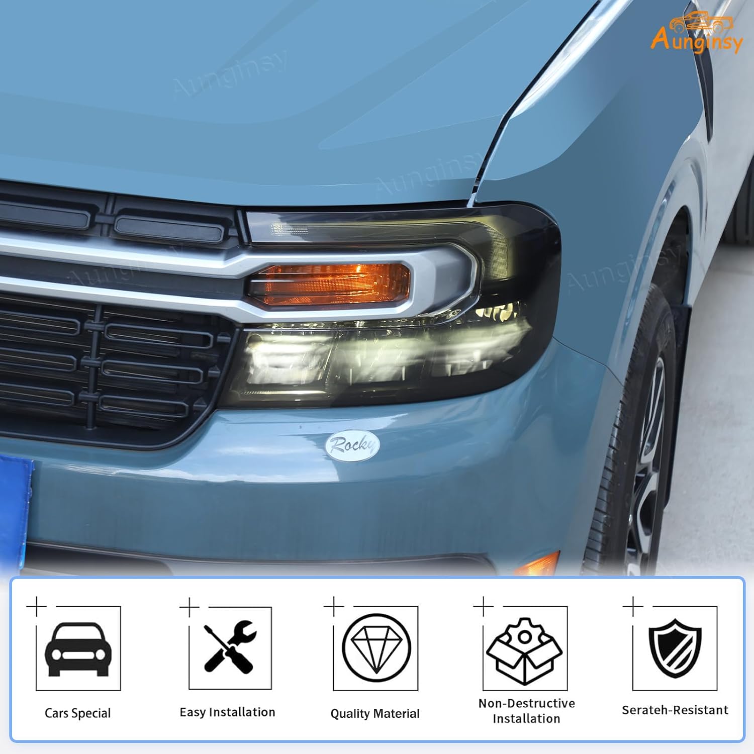 Aunginsy Car Front Headlight Trim Cover Kit Compatible with Ford Maverick 2022-2024 with Front Turn Signal Light Len Shell Shade Smoked Black Headlight Frame Bezels Protector ABS Exterior Accessories
