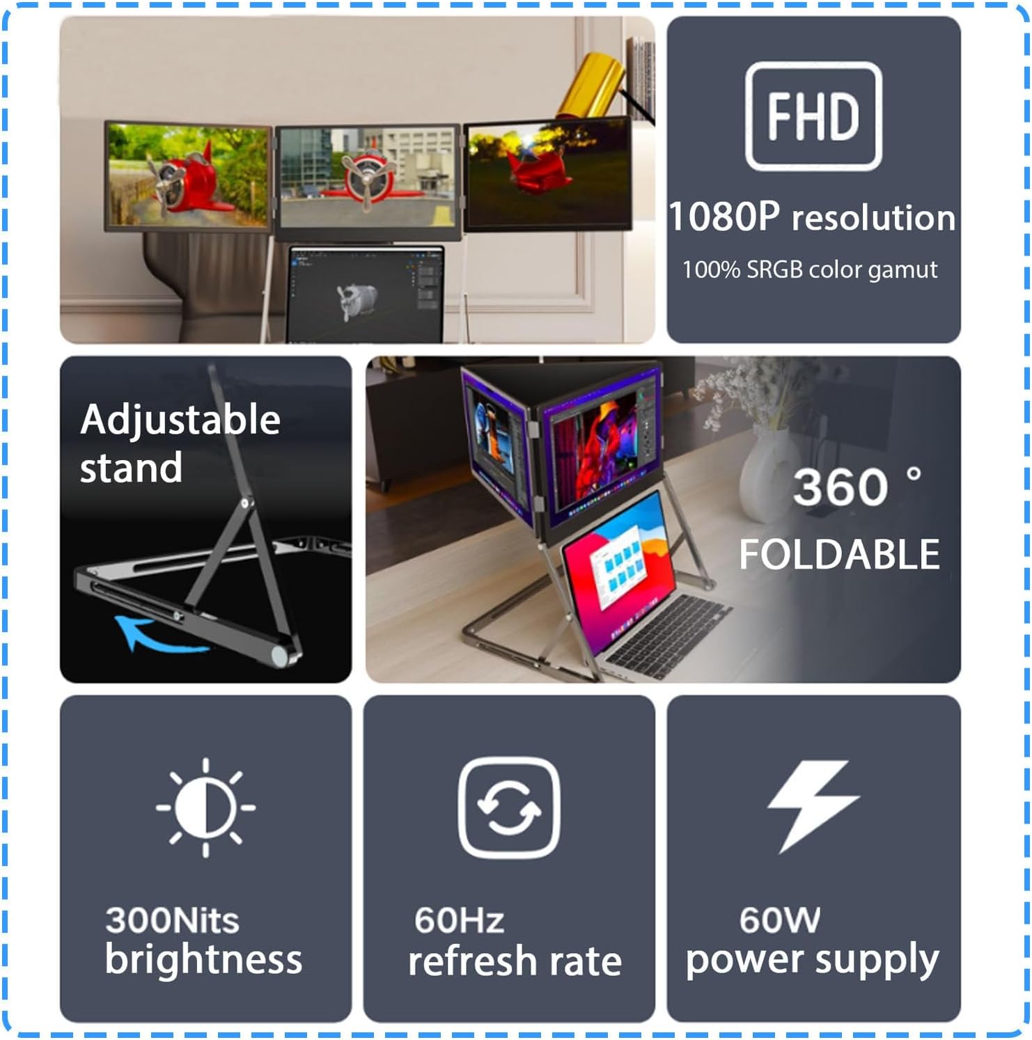 15.6 Pro Max 3 Screen Monitor with 1080p Fhd IPS Display, Portable Triple Monitors for Laptop, with 360° Rotation Adjustable Viewing Angles,with USB C-C1,USB C-C2 and Hdmi-Mini Hdm