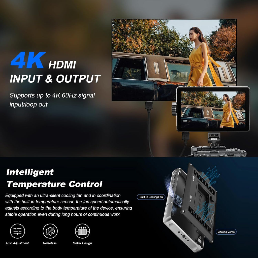 VILTROX DC-A1 2800nit Camera Field Monitor, 7' 4K 60Hz Video External DSLR Screen 1920x1080 Brightness Touchscreen with Sunshade Hood, 3DLUT, Waveform&Vectorscope Battery for Sony Canon Nikon Fuji