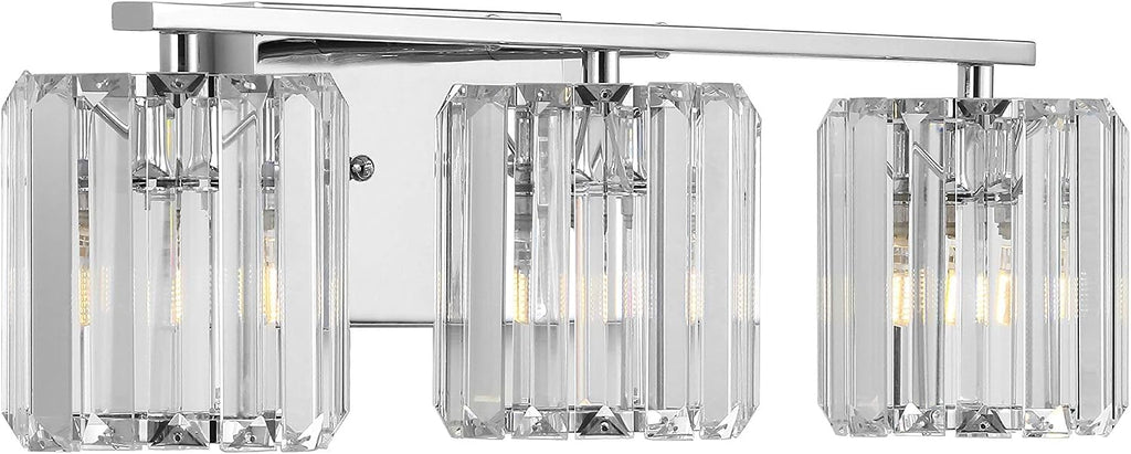 JONATHAN Y 4.75' Chrome 3-Light Vintage Glam LED Vanity Light Wall Sconce Fixture with Clear Crystal Prism Shade, Hardwired Wall Lamp for Bathroom Mirror Hallway, LED Bulb Included (JYL3554A)