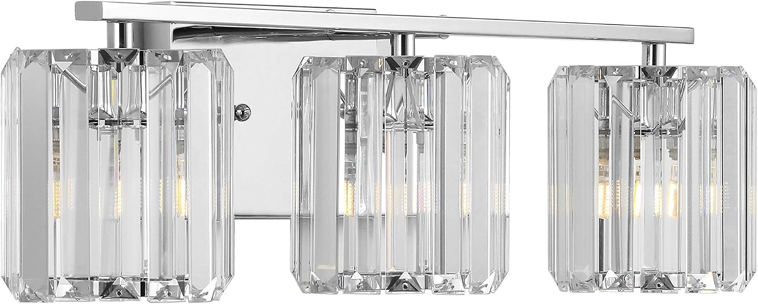 JONATHAN Y 4.75' Chrome 3-Light Vintage Glam LED Vanity Light Wall Sconce Fixture with Clear Crystal Prism Shade, Hardwired Wall Lamp for Bathroom Mirror Hallway, LED Bulb Included (JYL3554A)