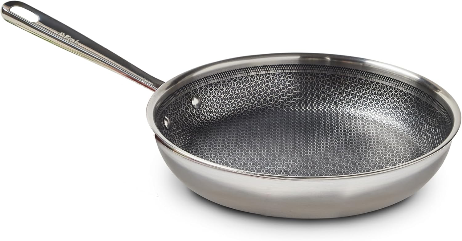 T-fal HybridMesh Tri-Ply Stainless Steel Fry Pan 10.25 Inch, Induction Oven Safe 500F, Metal Utensil Safe, Ideal For Searing, Cookware, Dishwasher Safe Pots and Pans, Needs Pre-Heating, Silver/Black