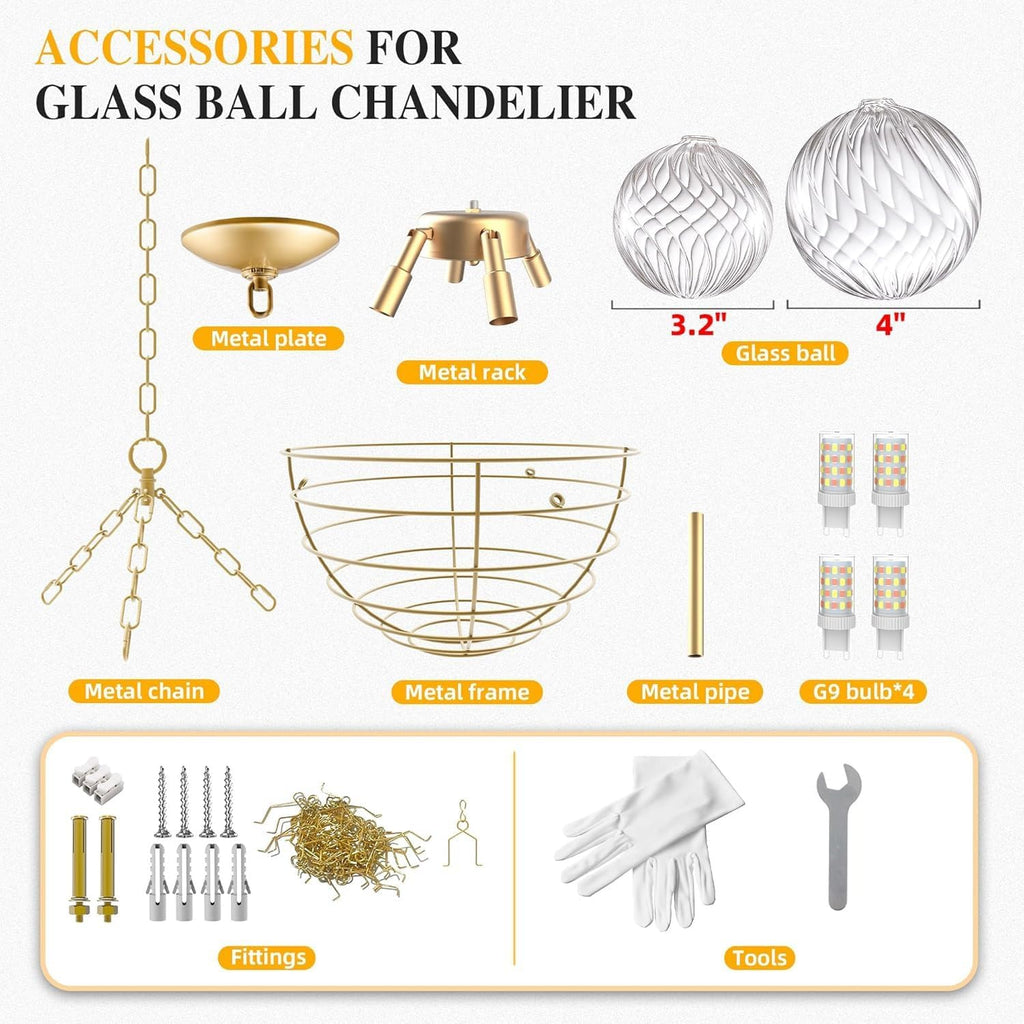 Longree Nordic Bubble Ball Swirled Glass Chandelier, Dia 20 inch Gild Gold and Clear Blown Glass Small Pendant Light Fixture for Bedroom Study Restaurant