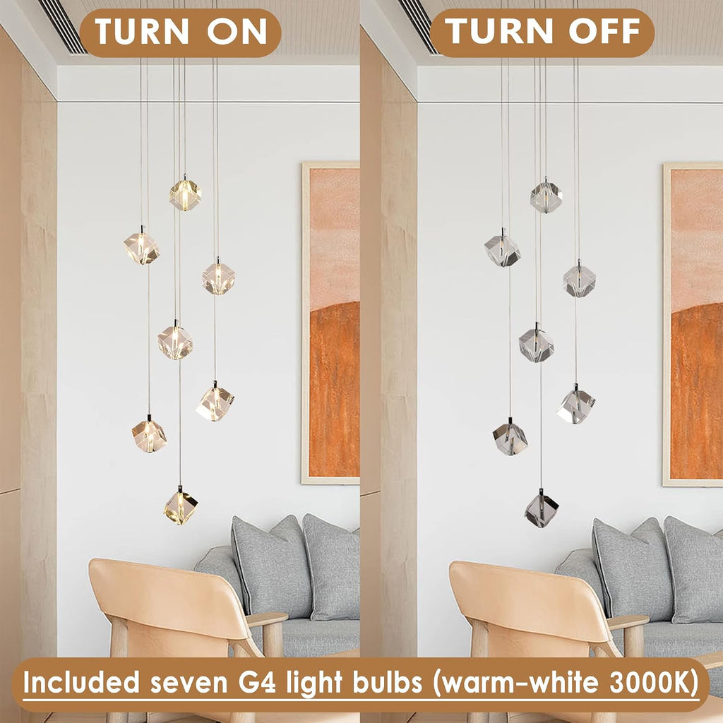 Cube Raindrop Staircase Chandelier, 7-Light Modern Cut Crystal Cluster Pendant Lights, 21W High Ceiling Square Crystal Foyer Chandelier Lighting Fixture for Living Room, Chrome