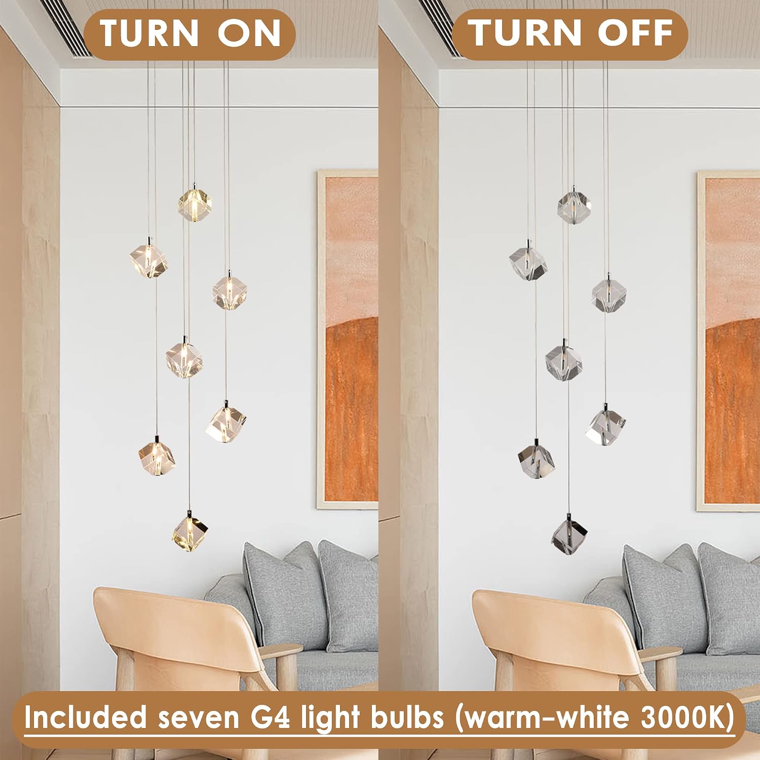 Cube Raindrop Staircase Chandelier, 7-Light Modern Cut Crystal Cluster Pendant Lights, 21W High Ceiling Square Crystal Foyer Chandelier Lighting Fixture for Living Room, Chrome