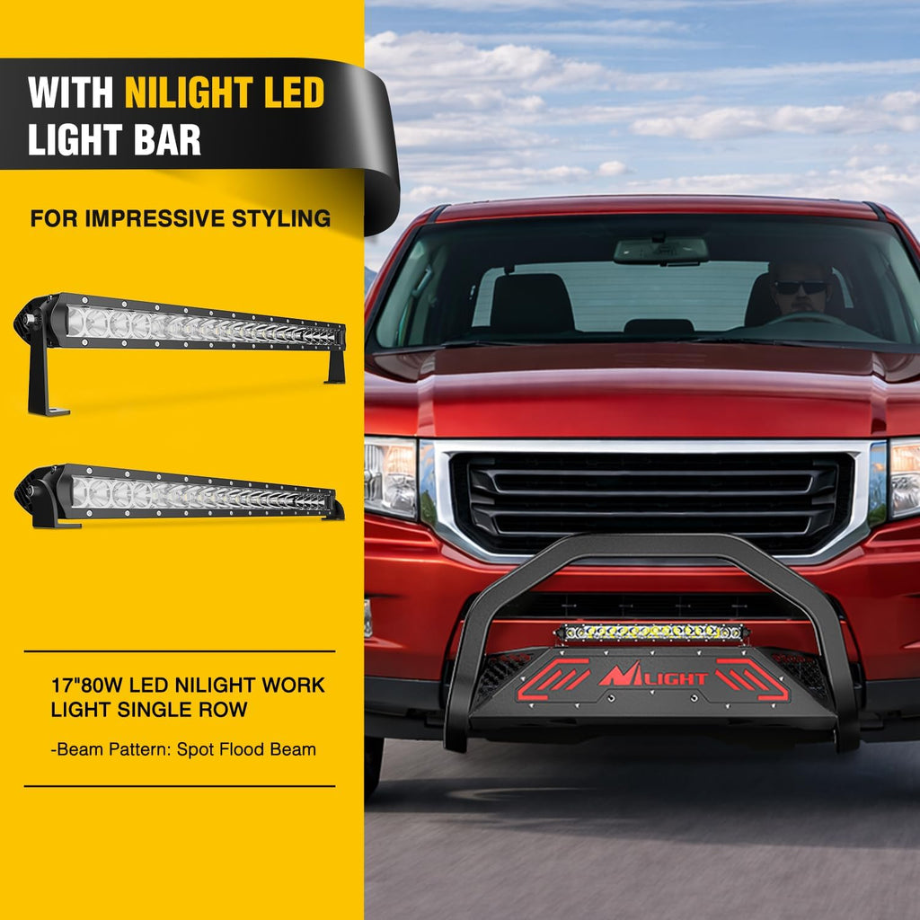 Nilight Bull Bar with Light fits 2003-2008 Honda Pilot, 2006-2015 Honda Ridgeline, 2001-2006 Acura MDX Front Bumper Grille Brush Push Guard with Skid Plate Licence Plate Hole Black