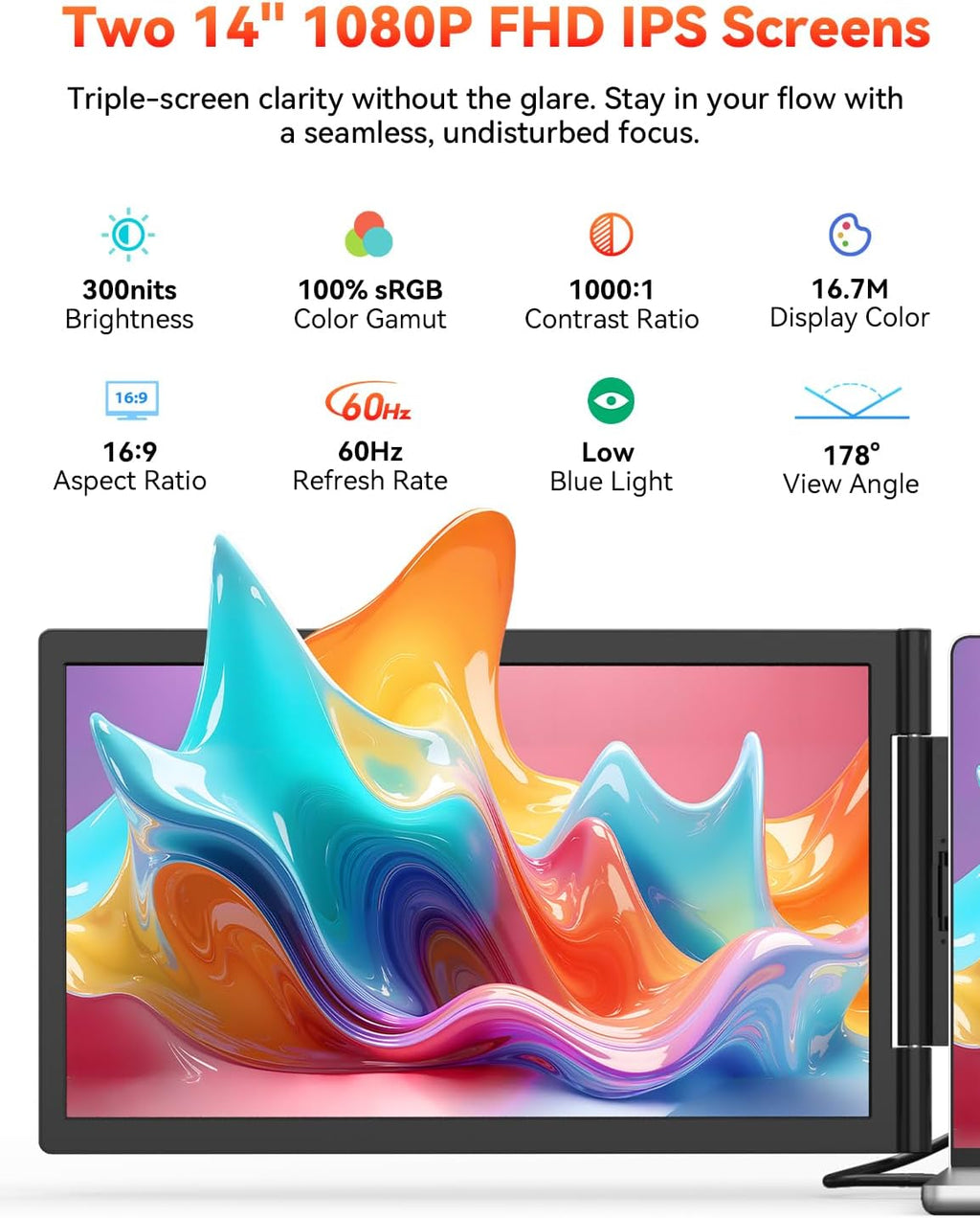 HotYeah Laptop Screen Extender, One Cable Connection (Windows & Mac), 14' 1080P Dual Portable Monitor, USB-C HDMI Wireless Travel Extended Display Triple Screen Monitor for 12-16.5' Laptop