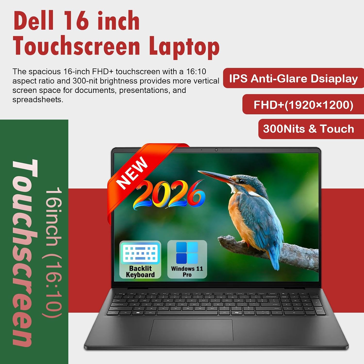 Dell 16 Touchscreen Laptop Computer 2026, Intel 10-Core 7 150U(Up to 5.4GHz), 16'' FHD+ Anti-Glare Dsiaplay, 16GB DDR5, 1TB SSD, Backlit Copilot Keyboard, Win11 pro, Express Charge, Black