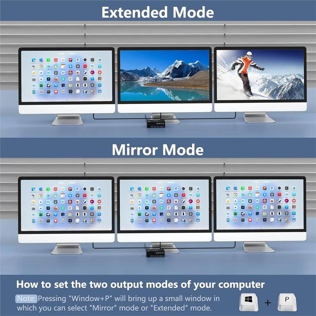 KVM Switch 3 Monitors 2 Computers,Triple Monitors KVM Switch DisplayPort HDMI 3 Ports 8K@60Hz 4K@144Hz Extended Display(203DH US Plug)