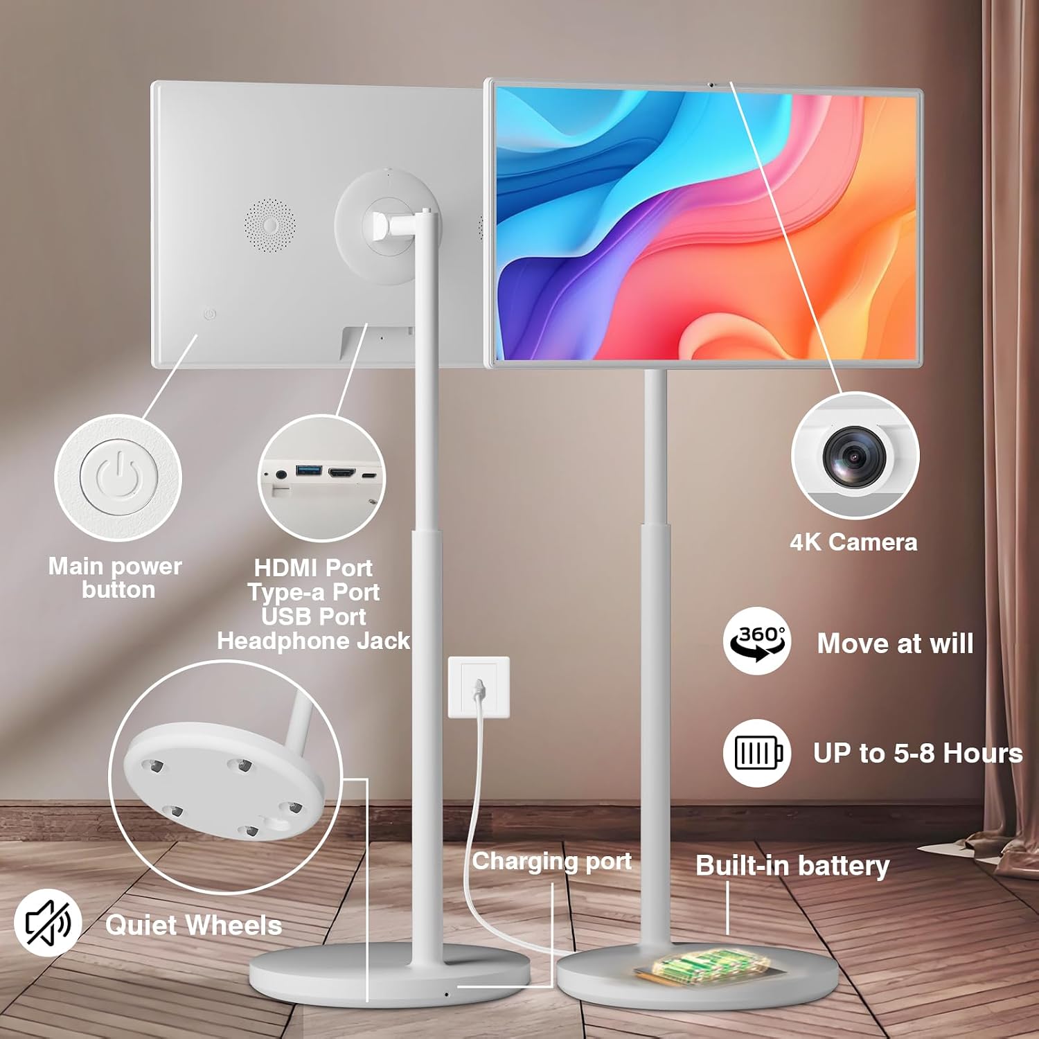 32 inch Portable Smart Tablet TV on Wheels with Full HD Rolling Touchscreen Monitor and Tablet in one, (8GRAM+128GB),Android 13,(5-8-Hour) Battery,Full Swivel Rotation,Voice Remote Control