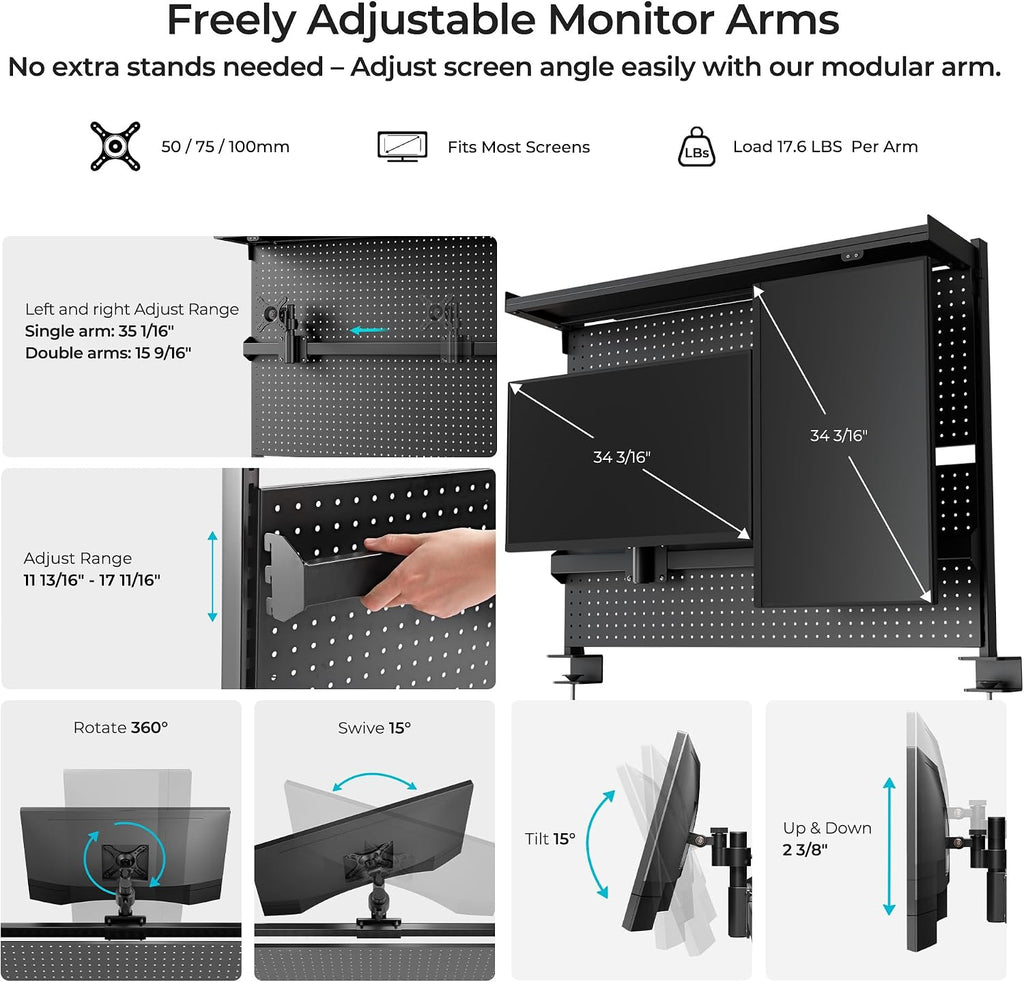 EUREKA ERGONOMIC Metal Pegboard, 43x34inch Clam on Desk Pegboard with Dual Monitor Stand, Garage Pegboard with 4 Accessories, Desk Shelves for Tool organizer, Office, Gaming Desk, Workbench, Black