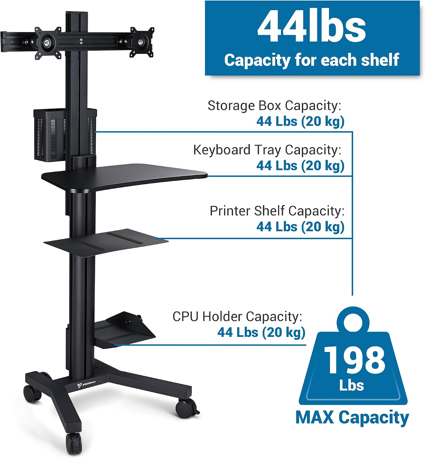AW Mobile Computer Cart Medical Rolling PC Stand Desk Workstation Dual Monitor Mount with Wheels Adjustable Keyboard Tray CPU Printer Holder Hospital Clinic ANSI/BIFMA X5.5-2021 Certificated Black