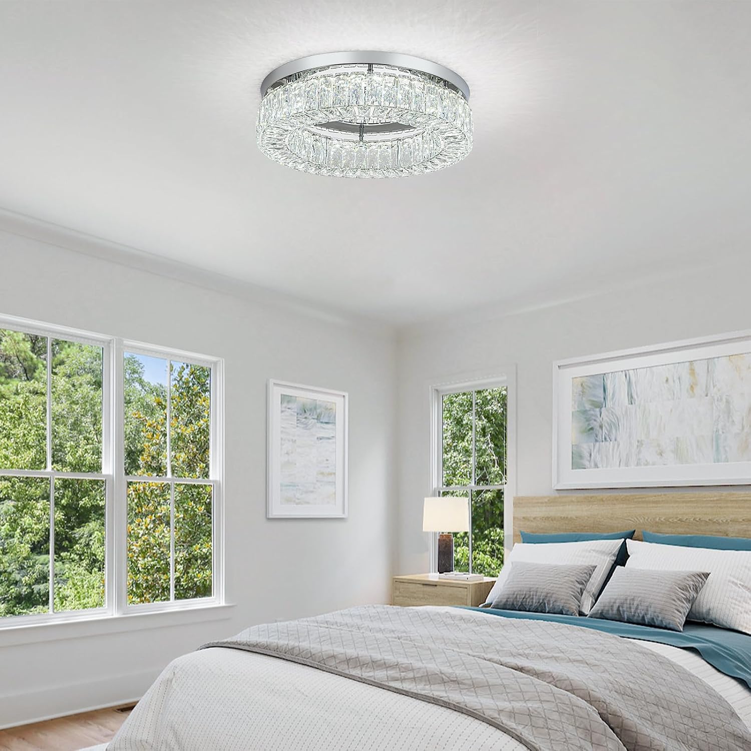 HOPGGIE 18' Dimmable Chandelier with Remote Control LED Ceiling Light Flush Mount Ceiling Light Fixtures Large Crystal Chandeliers Light for Living Room Bedroom Dining Room (dimmable)