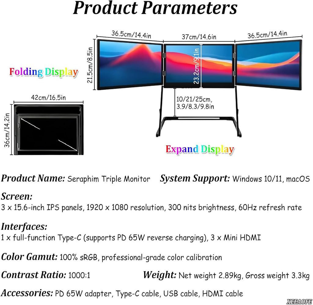 Triple 15.6' Screen Monitor, 15.6' Fhd 3 Screen Display, Triple Portable Monitor for Laptop, 1080p Fhd Extended Laptop Screen Extender for Office