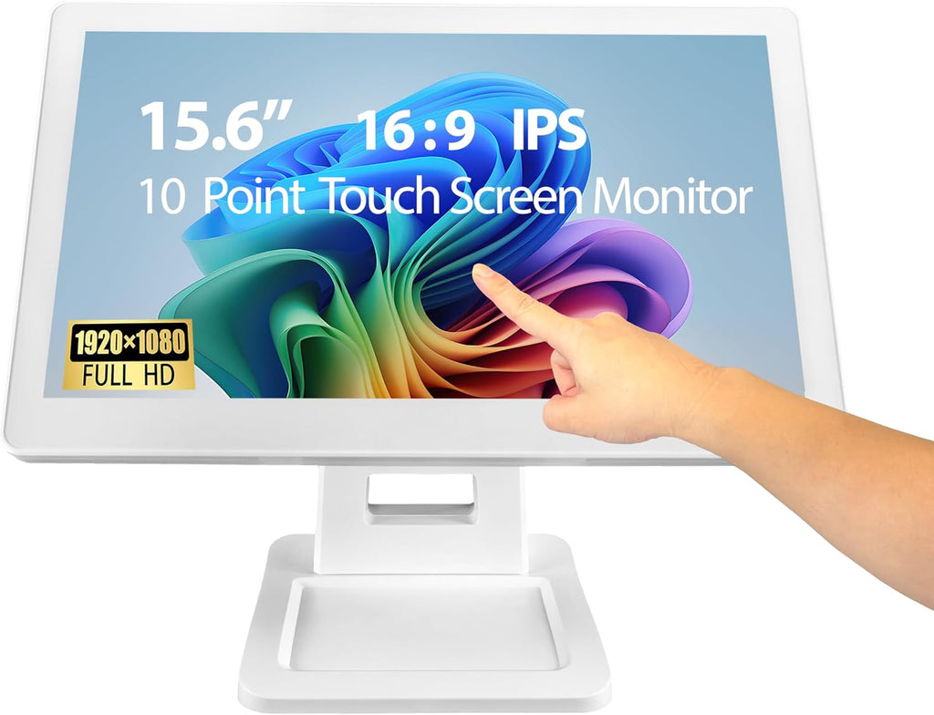 ANGEL POS 15.6 Inch 1920 x 1080 FHD IPS Touchscreen POS Monitor with Metal Stand, 10 Points Touch HDMI VGA, Waterproof Dustproof Screen 1080P, Indusitrial, Office, Retail, Gym, Warehouse (White)
