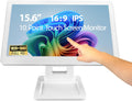 ANGEL POS 15.6 Inch 1920 x 1080 FHD IPS Touchscreen POS Monitor with Metal Stand, 10 Points Touch HDMI VGA, Waterproof Dustproof Screen 1080P, Indusitrial, Office, Retail, Gym, Warehouse (White)
