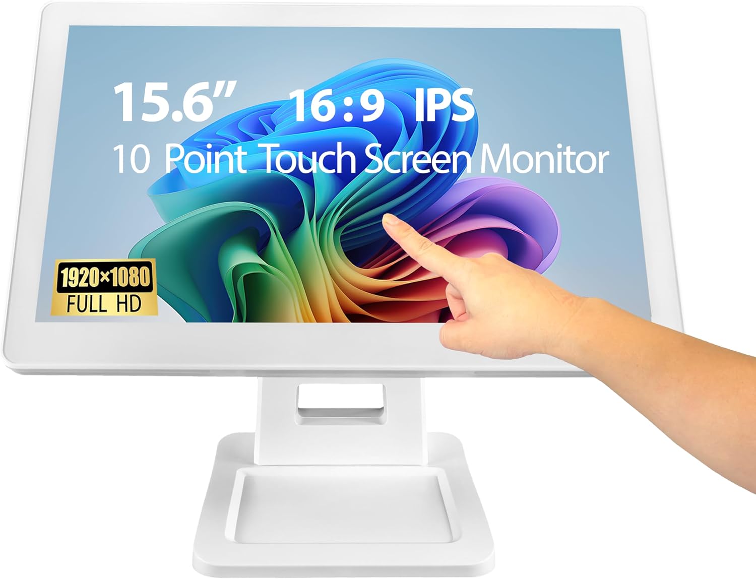 ANGEL POS 15.6 Inch 1920 x 1080 FHD IPS Touchscreen POS Monitor with Metal Stand, 10 Points Touch HDMI VGA, Waterproof Dustproof Screen 1080P, Indusitrial, Office, Retail, Gym, Warehouse (White)
