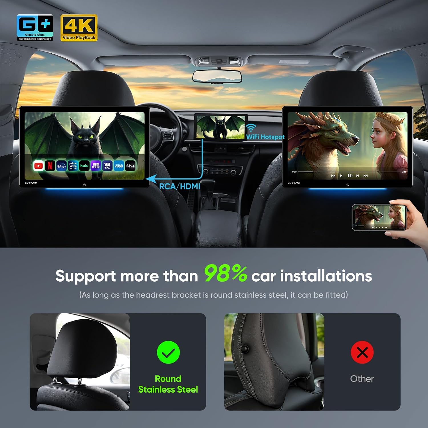 14 Inch 4K Video Android Portable Car TV Headrest Monitor Tablet for Back Seat with WiFi Bluetooth, Glass to Glass IPS Touch Screen Media Player, Support Phone Control & Mirror Link (2Pcs 4+64G)