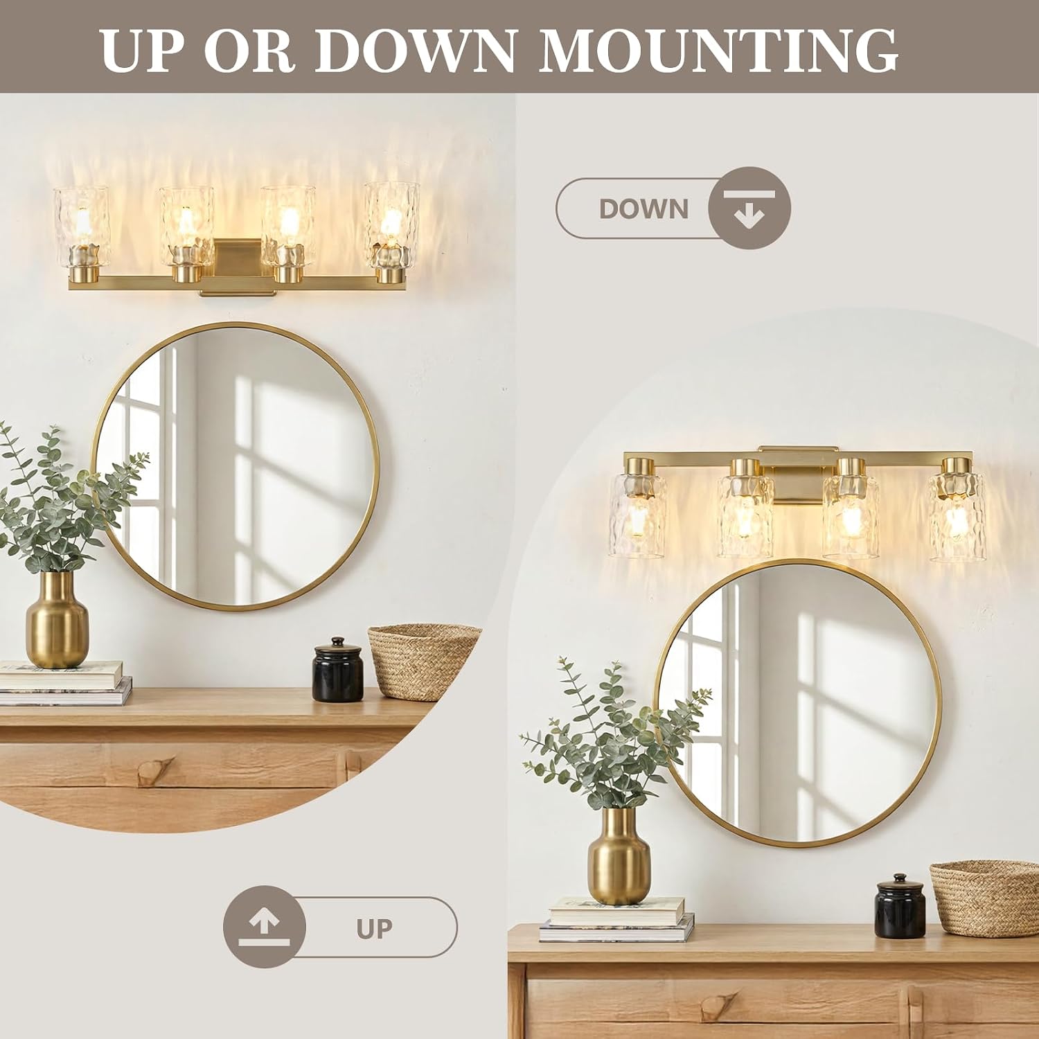 4-Light Bathroom Light Fixtures Modern Gold Vanity Lights with Water Ripple Glass Wall Sconces Over Mirror for Bathroom, Powder Room, Living Room