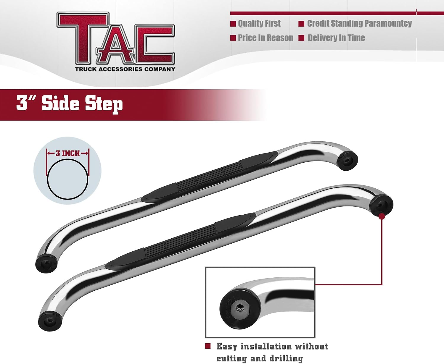 TAC Side Steps Fit 1999-2016 Ford F250/350/450/550 Super Duty Regular Cab Truck Pickup 3' Stainless Steel Side Bars Nerf Bars Step Rails Running Boards Off Road Exterior Accessories (2 Pieces)