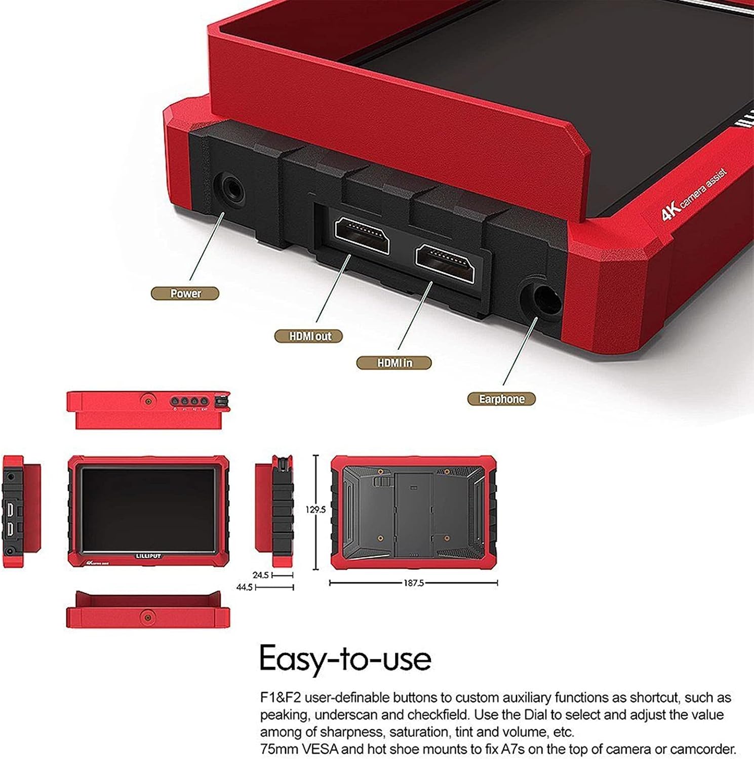 LILLIPUT A7S 7' 1920x1200 IPS Screen Camera Field Monitor 4K HDMI Input Output Video for DSLR Mirrorless Camera Sony A7S II A6500 Panasonic GH5 Canon 5D Mark IV DJI Ronin M Black VIVITEQ Exclusively