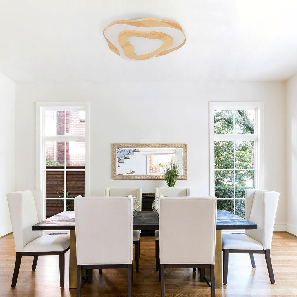 Littleglovo 15.7' Modern Flush Mount LED Chandelier for Dining Room, Dimmable Natural Wood Petal Energy Chandeliers Ceiling Light for Entryway Bedroom Foyer Kitchen Living Room Bathroom