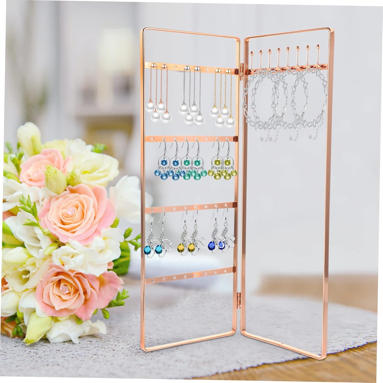 4pcs Wrought Iron Jewelry Stand Delicate Jewelry Stand Ornament Display Stand Monitor Stands Necklaces Display Stand Earring Display Stand Necklace Display Rack Earrings Organizer (Rose Goldx2pcs 28