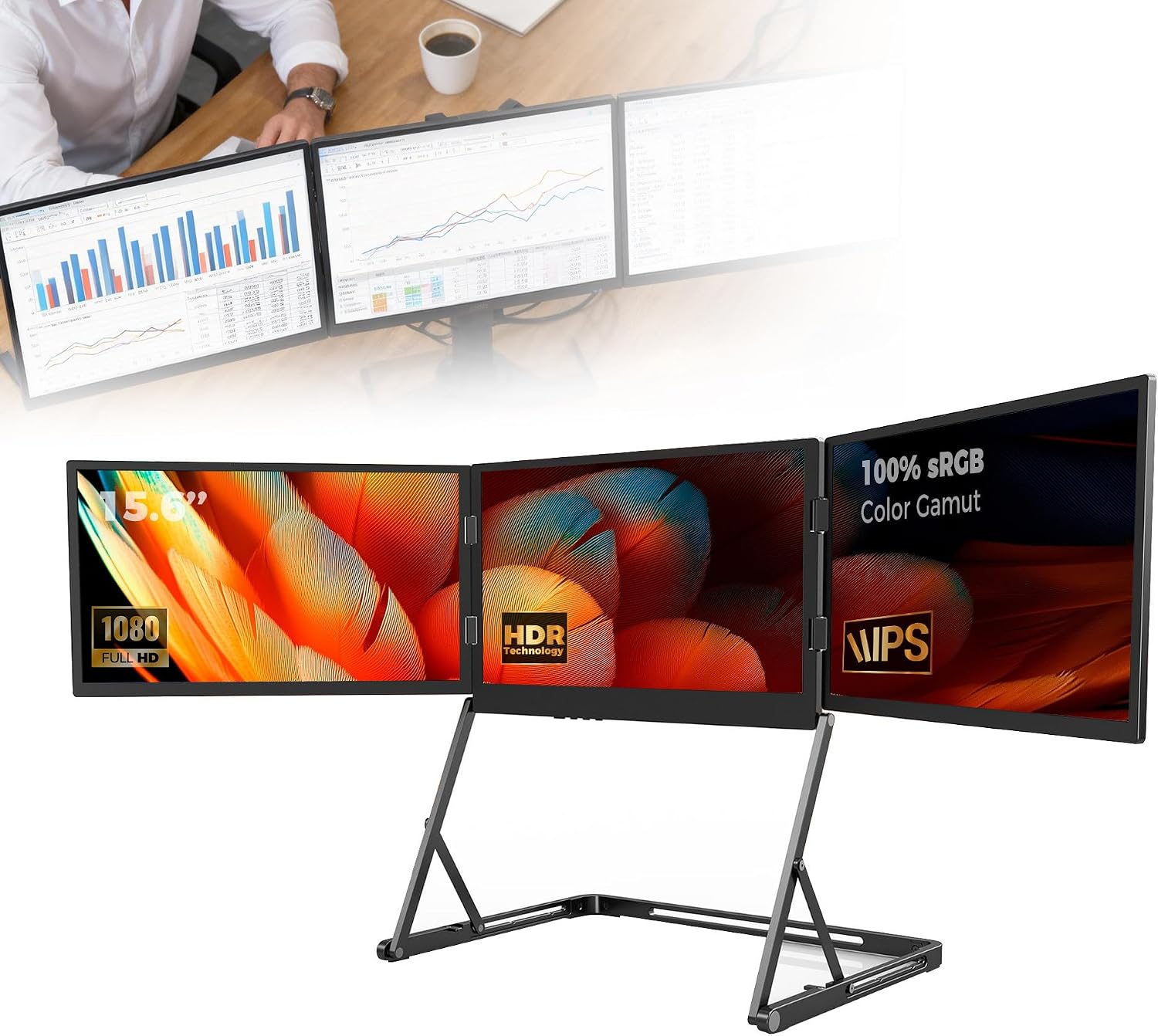 3 Monitor Setup for Laptop, Laptop Screen Extender, 15.6-inch 1080P, with 360-degree Rotation, Adjustable Angles, Monitor for Laptop, for Windows/Linux/Mac Black