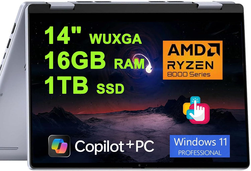 Dell Inspiron 14 7445 2-in-1 Laptop 14' WUXGA Comfortview Touchscreen AMD 6-core Ryzen 5 8640HS (>i7-1355U) 16GB RAM 1TB SSD Backlit for Creator Business Professional Win11Pro