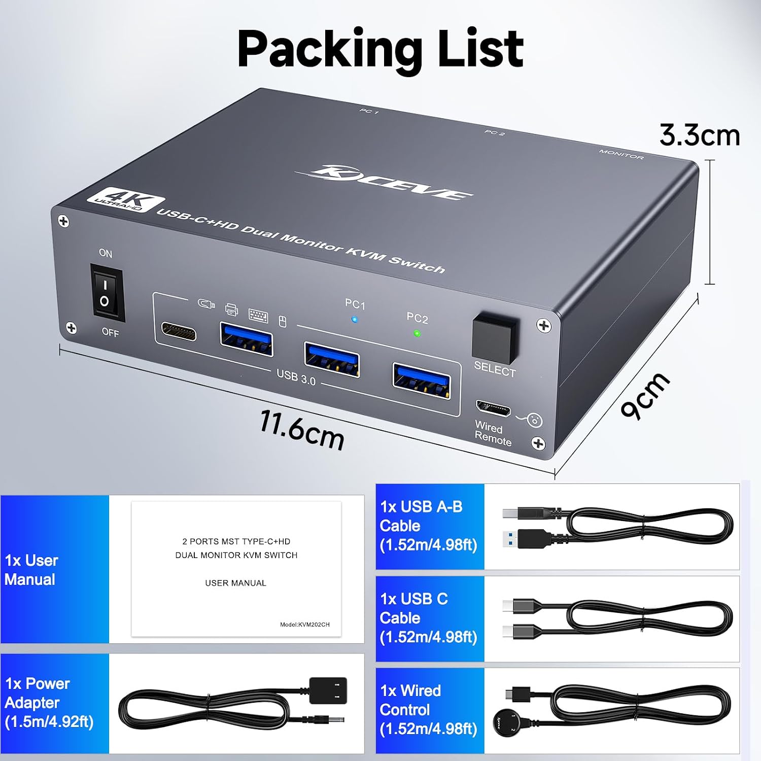 USB C HDMI KVM Switch for 1 Desktop+1 Laptop, Dual Monitor KVM Switch 4K@60Hz Support PD with USB C Cable, Wired Controller and Power Adapter