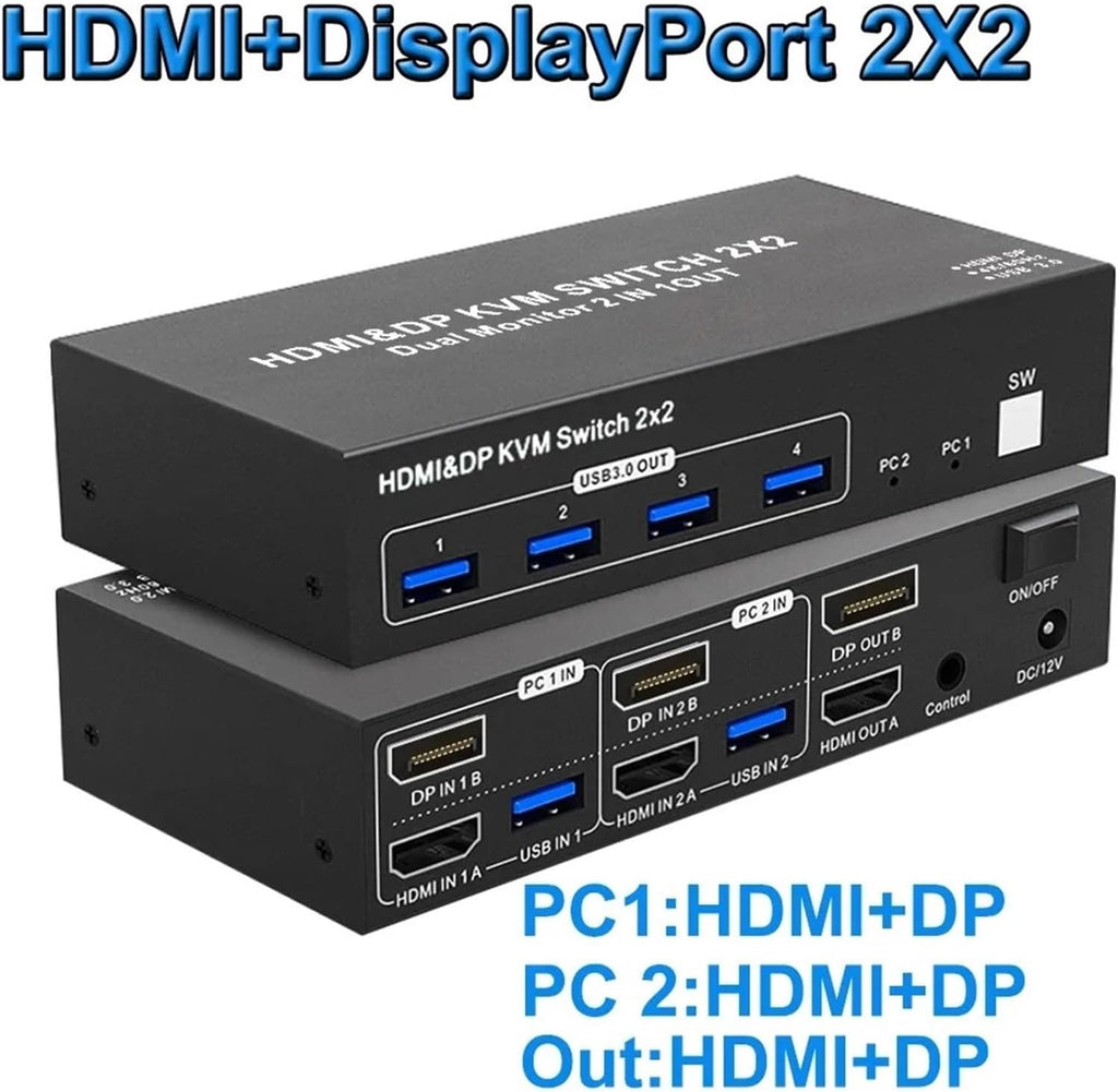 KVM Switch 2X2 Dual Monitor HDMI+DisplayPort USB 3.0 KVM Switcher HDMI 2.0 4K 60HZ Extended Display 2 in 2 Out for PC Computer(HDMI DP 2X2,AU Power)
