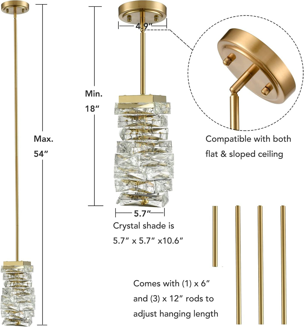 Modern Crystal Pendant Light Gold Pendant Lighting for Kitchen Island LED Rod-Hung Mini Pendant Lights Bathroom, 8W, 4000K, NOT Dimmable