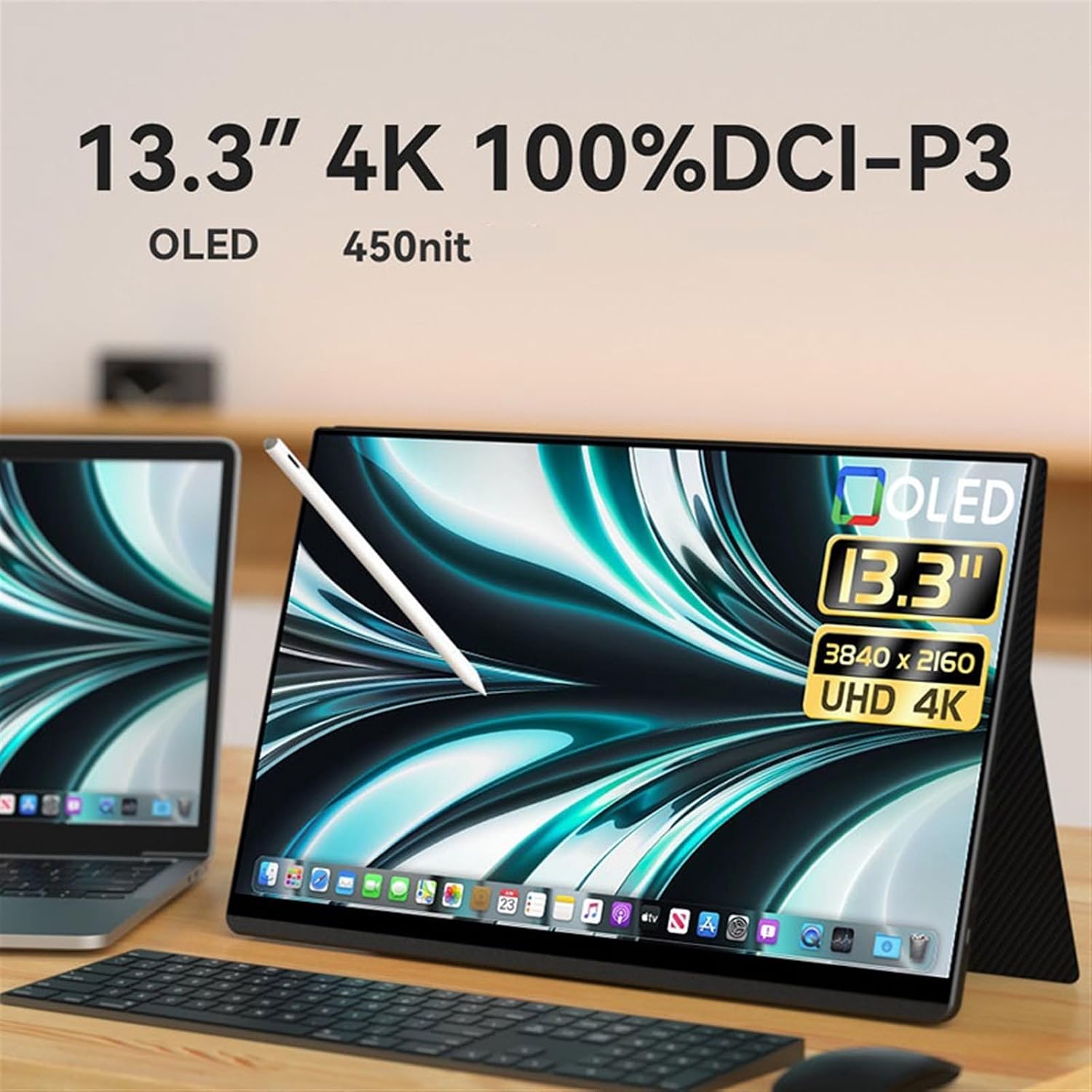 Portable Monitor for Laptop 13.3' IPS Portable Monitor OLED Touch Cell Phone Secondary Screen 3840 * 2160 Resolution Office Game External Portable Gaming Monitor