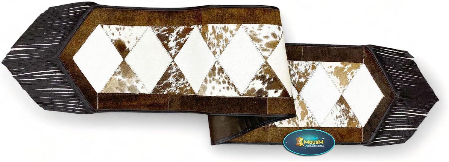Leather Cow Hide Table Runner 12 x 72 inches Long Decorated with Brown and White Laser Cut Diamond Shape Patch in Between - Black Fringe at Both Corners