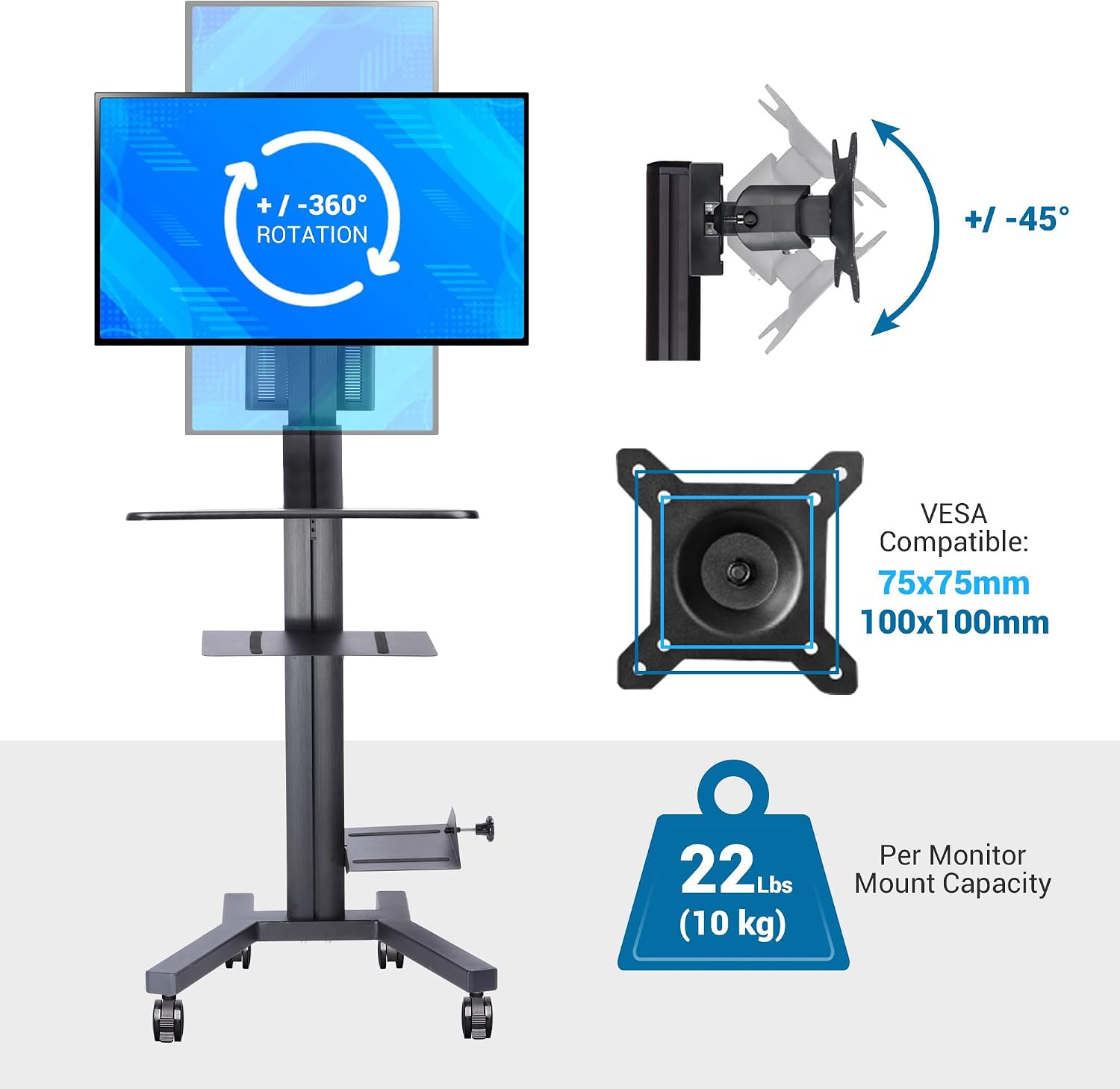 AW Mobile Computer Cart Medical Rolling PC Stand Desk Workstation on Wheels with Monitor Mount Adjustable Keyboard Tray CPU Printer Holder for Hospital School ANSI/BIFMA X5.5-2021 Certificated Black