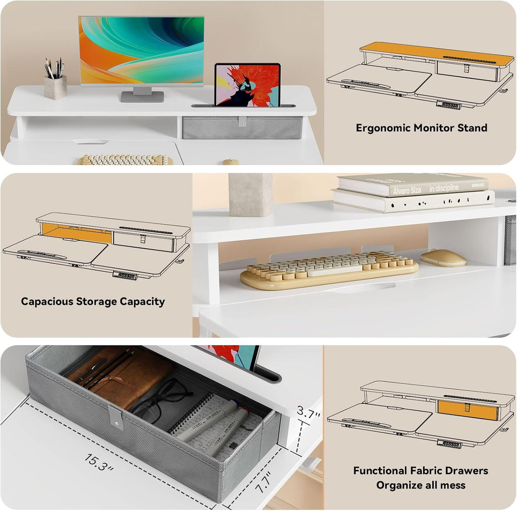 White Standing Desk，60° Tiltable Height Adjustable Electric Rising Desk，40Inch Foldable Mobile Laptop Table with Shelf,Monitor Stand, Drawer ,Flippable Drafting Workstation on Wheels for Kids' Drawing
