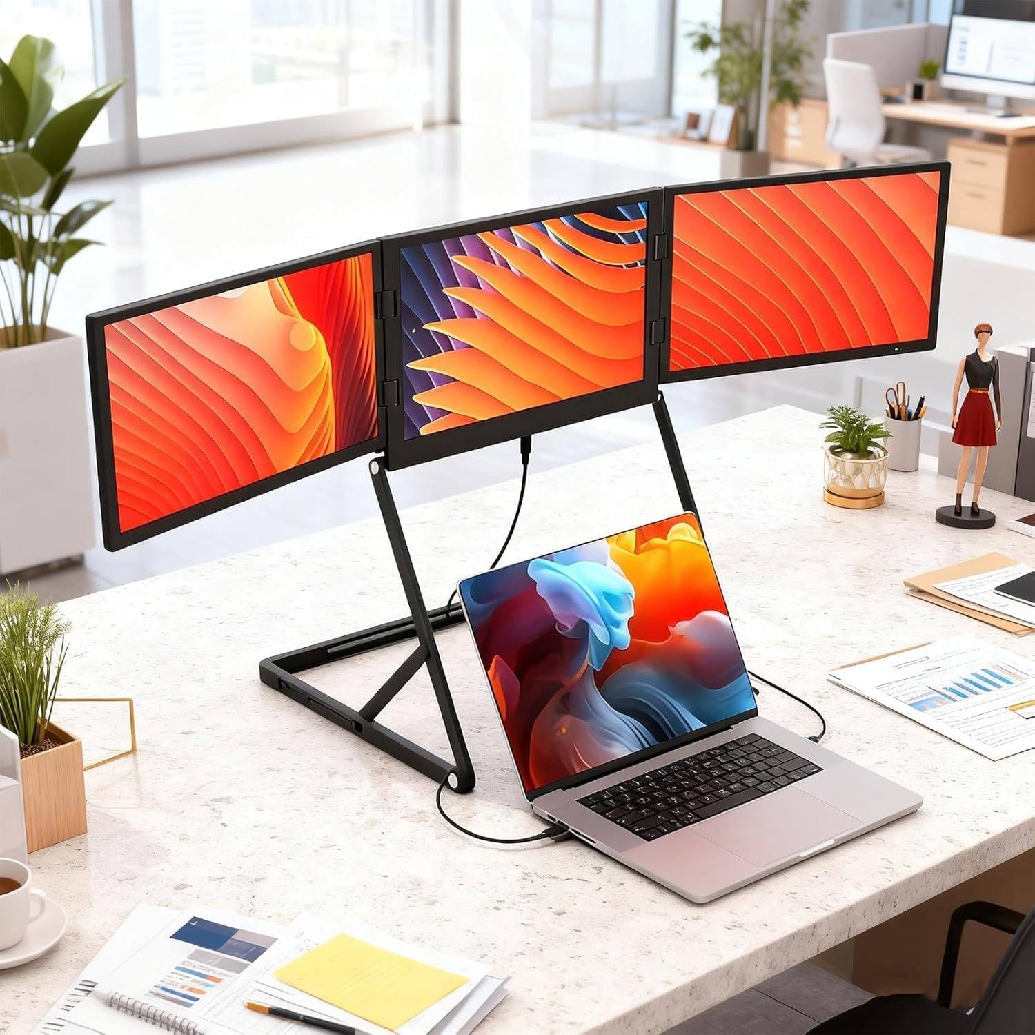 Portable Triple Monitor for Laptop, 15.6' portable Foldable Triple Monitor, Three Independent Screens Support Simultaneous Tasks, Compatible with Windows with 360° Rotation Adjustable Viewing Angles