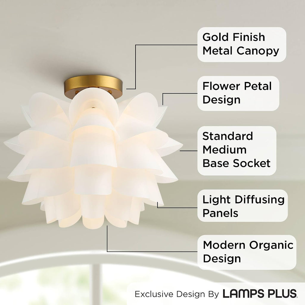 Possini Euro Design Mid Century Modern Glam Close to Ceiling Light Semi Flush Mount Fixture White Flower Gold Metal 15 3/4' Wide for House Bedroom Hallway Living Room Bathroom Dining Kitchen