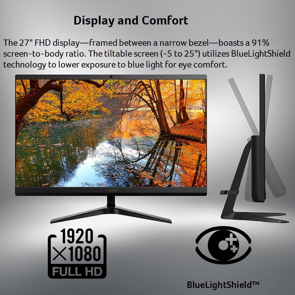 acer Aspire C27-1700-UA91 AIO Desktop | 27' Full HD IPS Display | 12th Gen Intel Core i5-1235U | Intel Iris Xe Graphics | 16GB DDR4 | 512GB NVMe M.2 SSD | Wi-Fi 6 | Copilot Enabled | Windows 11 Home