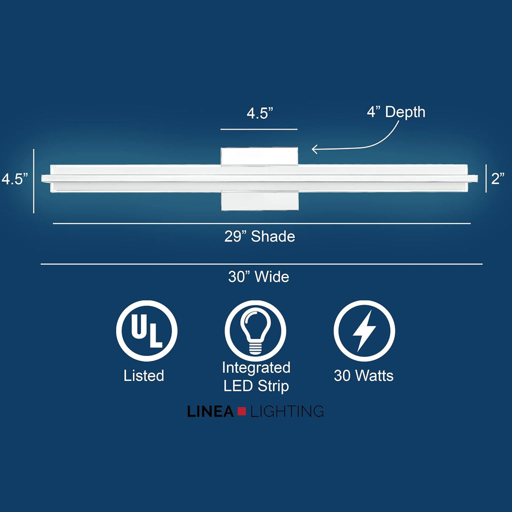 Linea di Liara Dario 30 Inch LED Vanity Light Bar Bathroom Lights Over Mirror and Bathroom Sink Led Light Polished Chrome Modern Bathroom Wall Lighting Fixtures, White Frosted Glass Shade, UL Listed