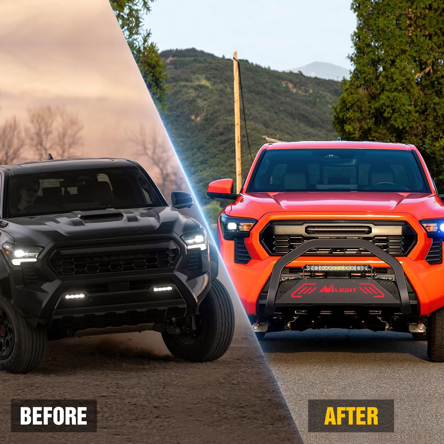 Nilight Bull Bar with Light Bar&License Plate Hole Compatible with Toyota Tacoma 2024 2025 2026 Truck Brush Guard, Front Bumper Push Bar w/Grille Skid Plate Light Mount