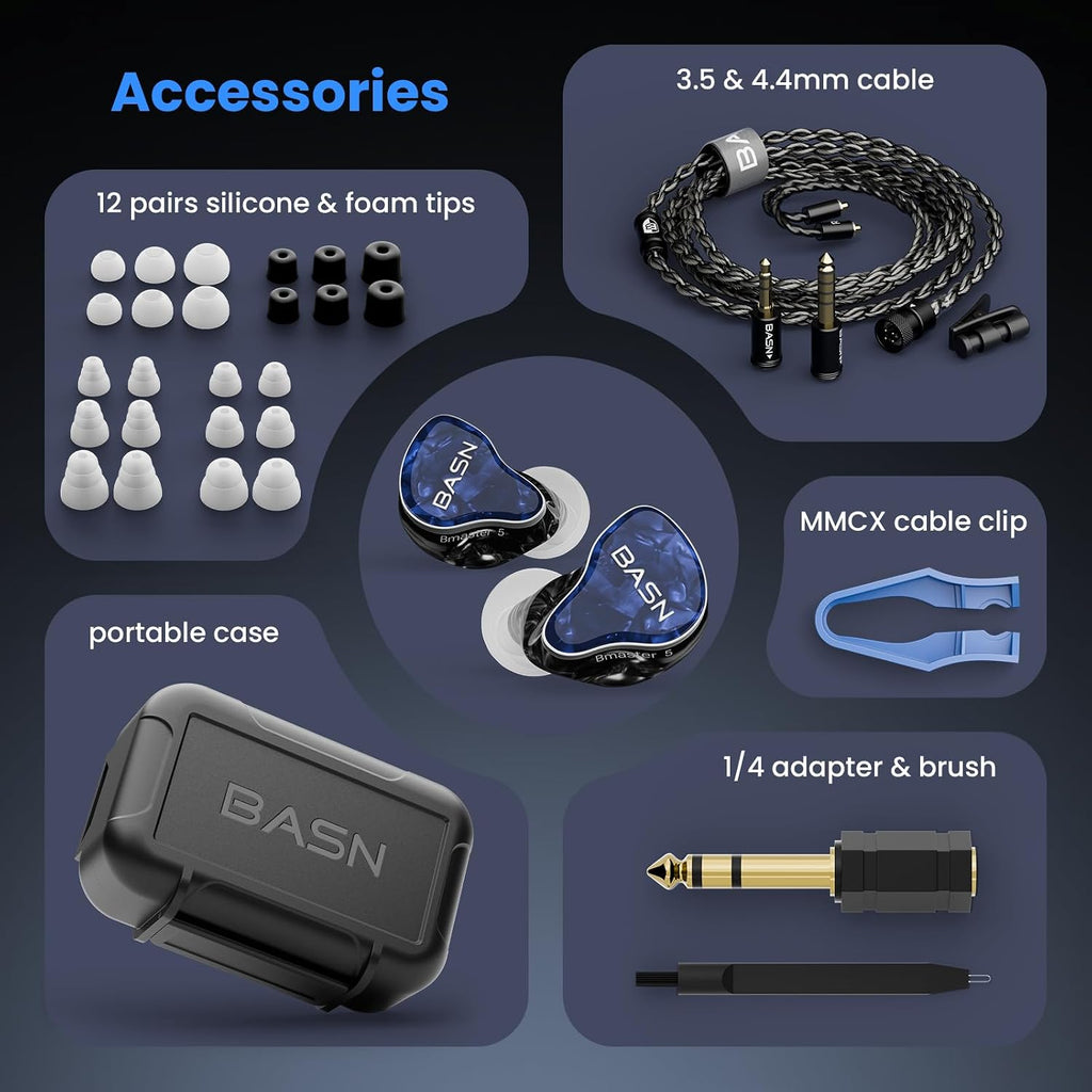 BASN Bmaster5 in Ear Monitors, 5 Drivers HiFi Drummer Stage Headphones, Professional IEM Earphones with MMCX Sliver-Plated OFC Cable & Portable Case for Musicians (Abyssal Blue, 3.5&4.4mm)