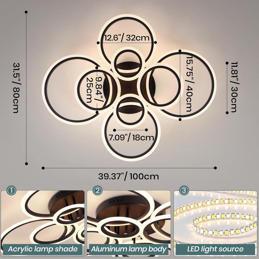 Modern Ceiling Light Fixture, 8 Rings Dimmable Flush Mount Ceiling Light with Remote, Acrylic Close to Ceiling Lighting Fixture for Living Room Bedroom Kitchen (Black, 8 Heads)