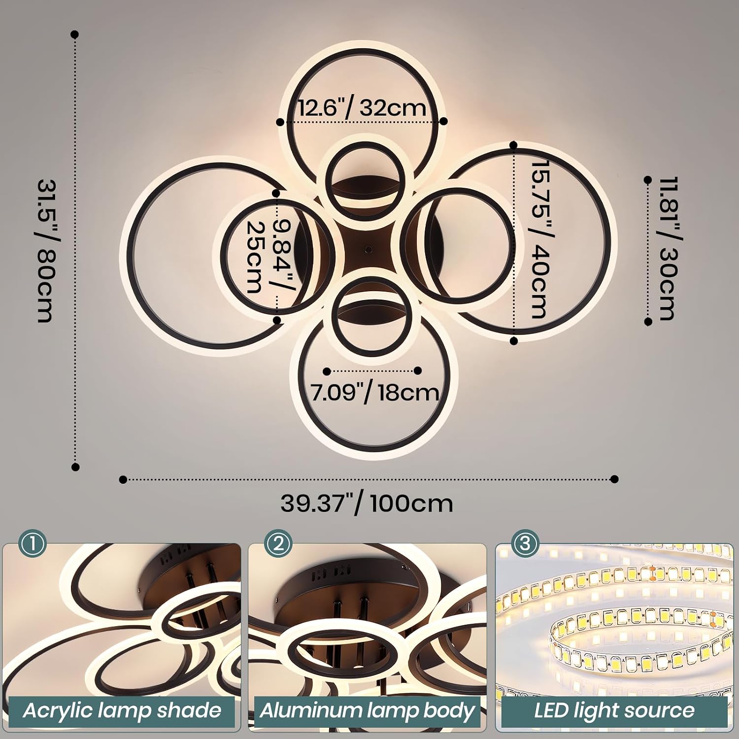 Modern Ceiling Light Fixture, 8 Rings Dimmable Flush Mount Ceiling Light with Remote, Acrylic Close to Ceiling Lighting Fixture for Living Room Bedroom Kitchen (Black, 8 Heads)