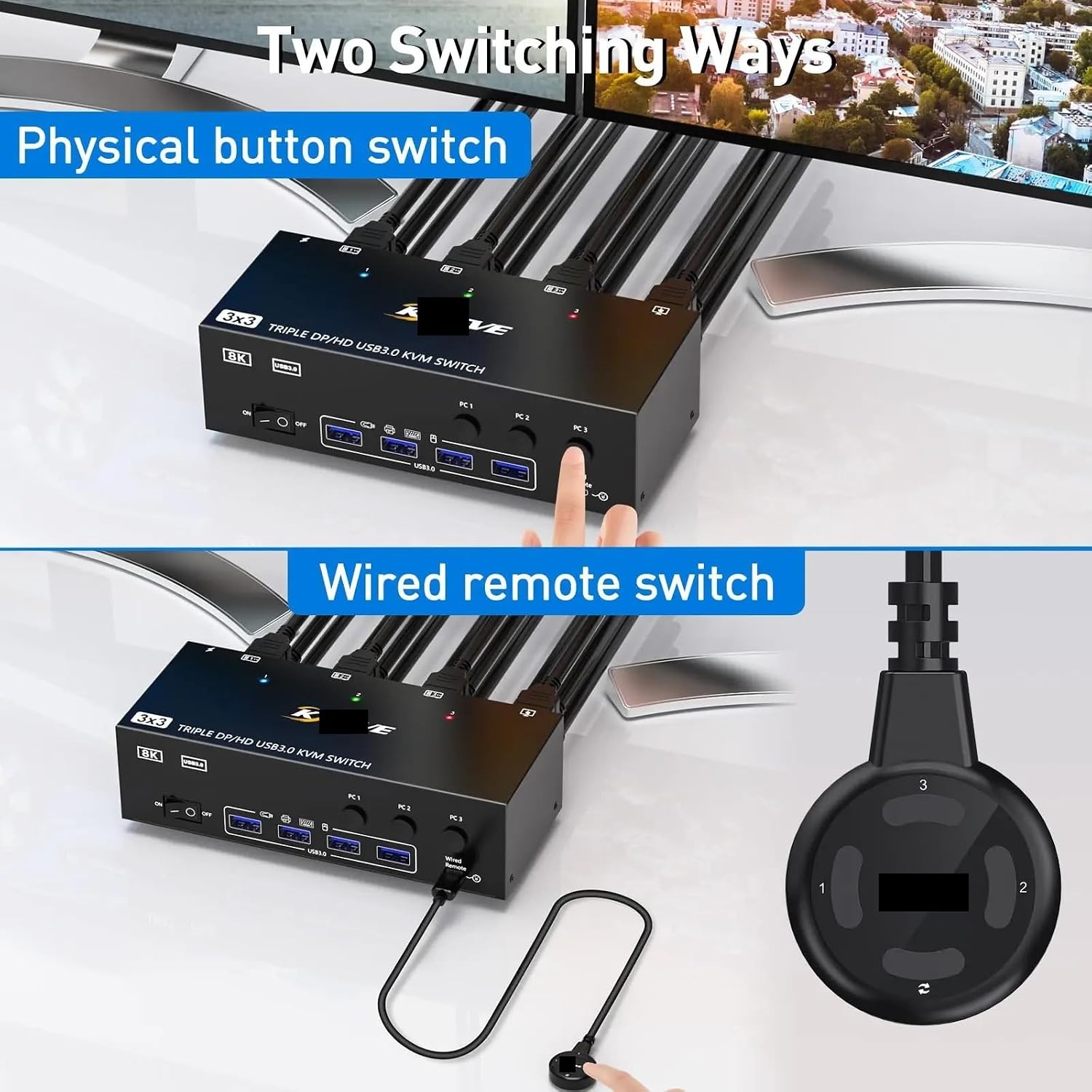 2 Displayport + HDMI USB 3.0 KVM Switch 3 Monitors 2/3 Computers, 8K@60Hz 4K@144Hz Triple Monitor KVM with 4 USB 3.0 Ports(303DH)